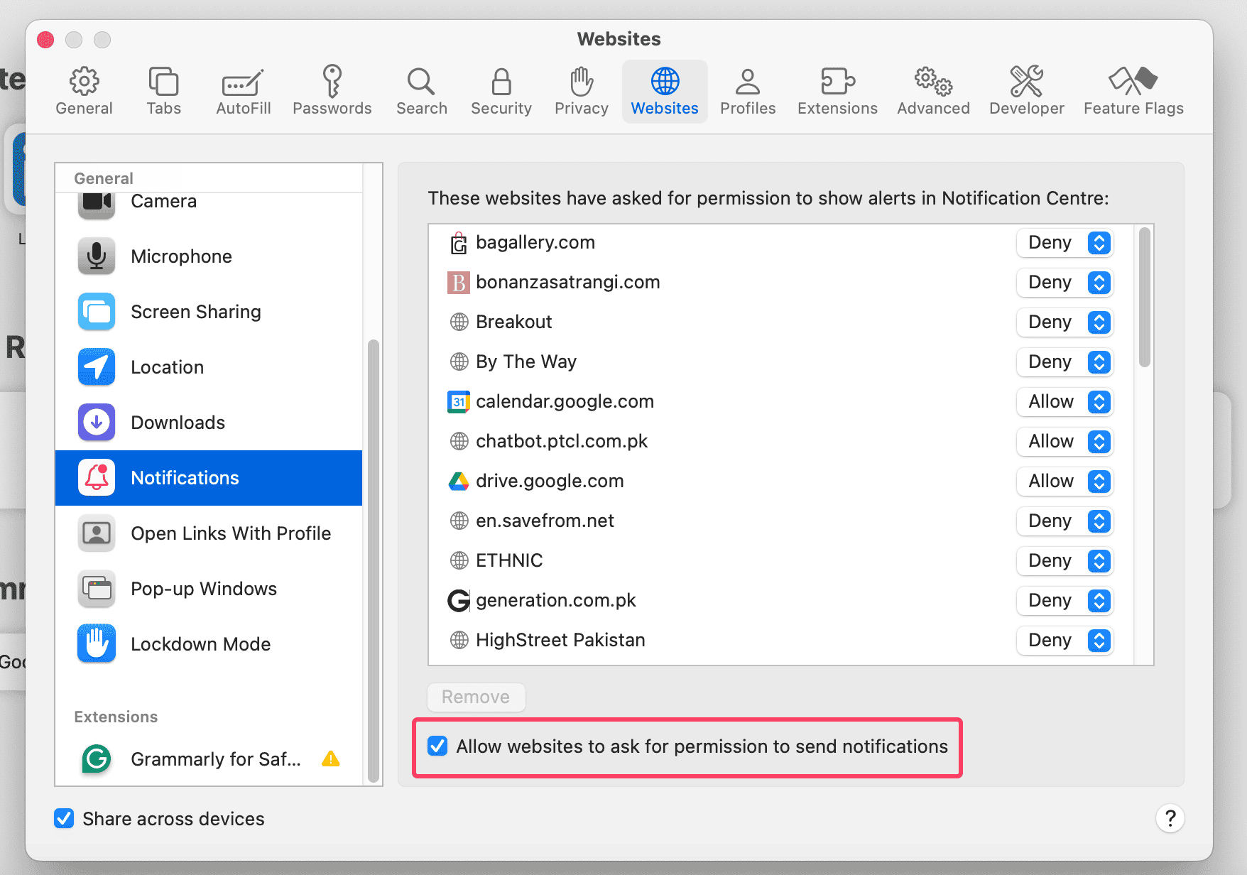 safari notifications settings