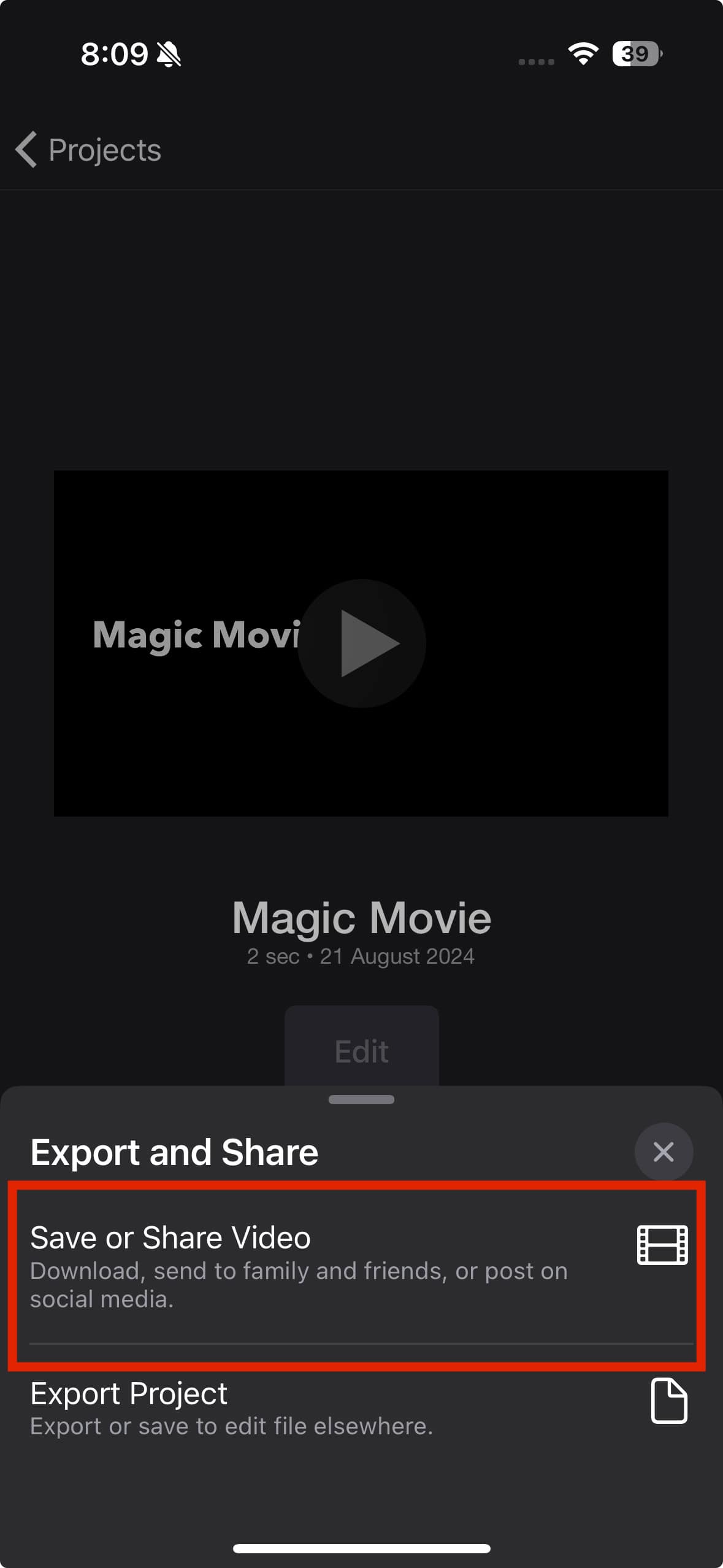 save or share video on imovie