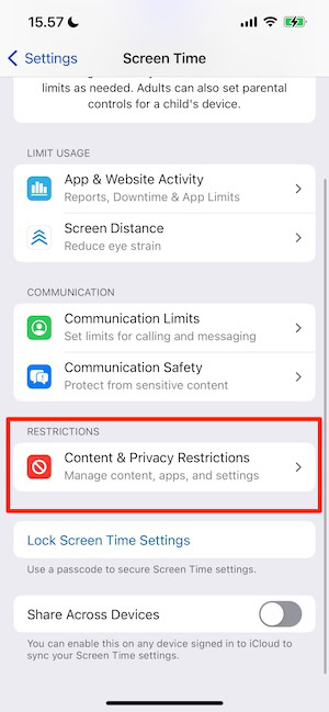 tap content and privacy restrictions in screen time