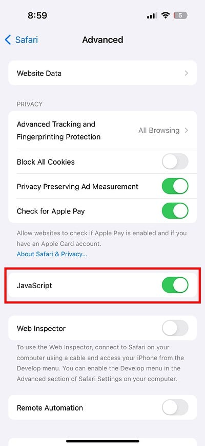 toggle javascript off safari