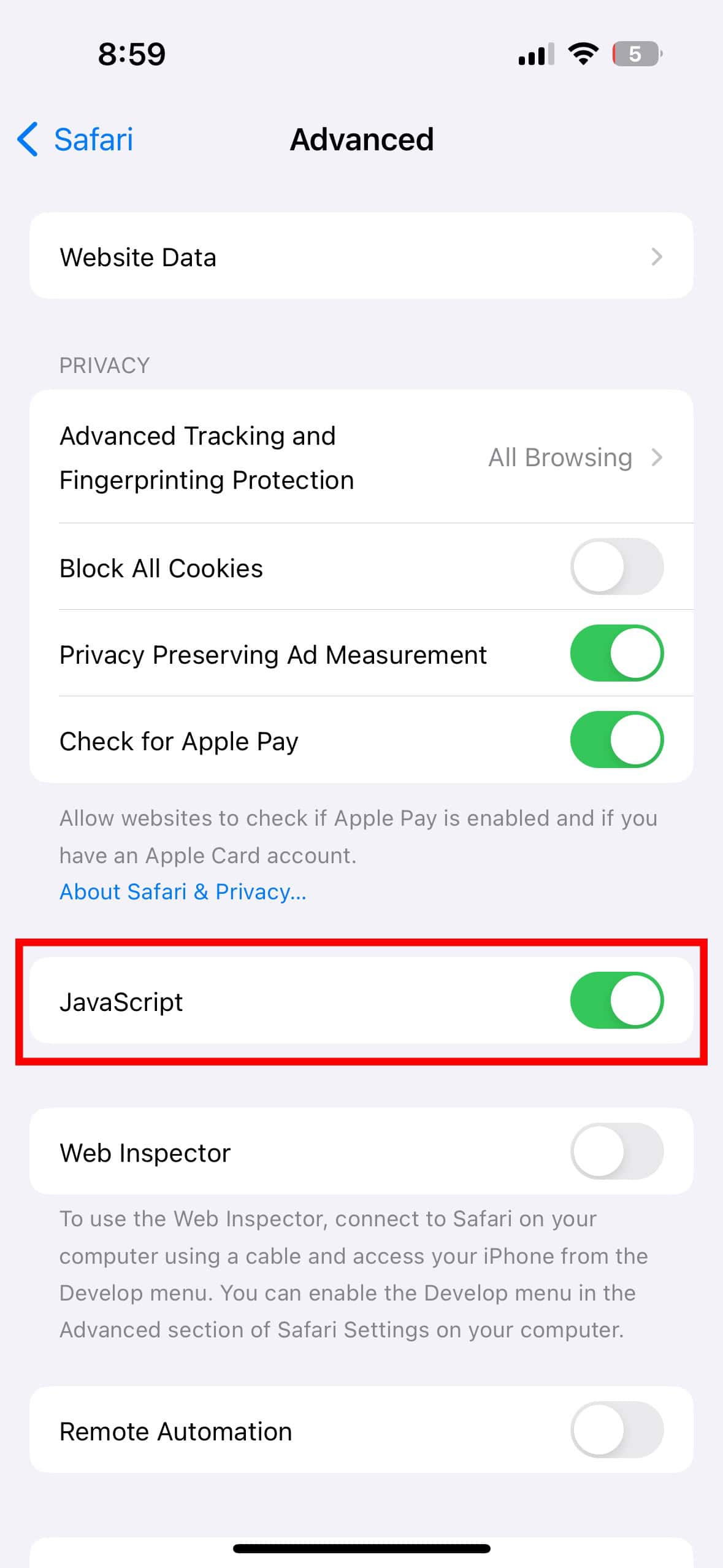 toggle javascript off safari