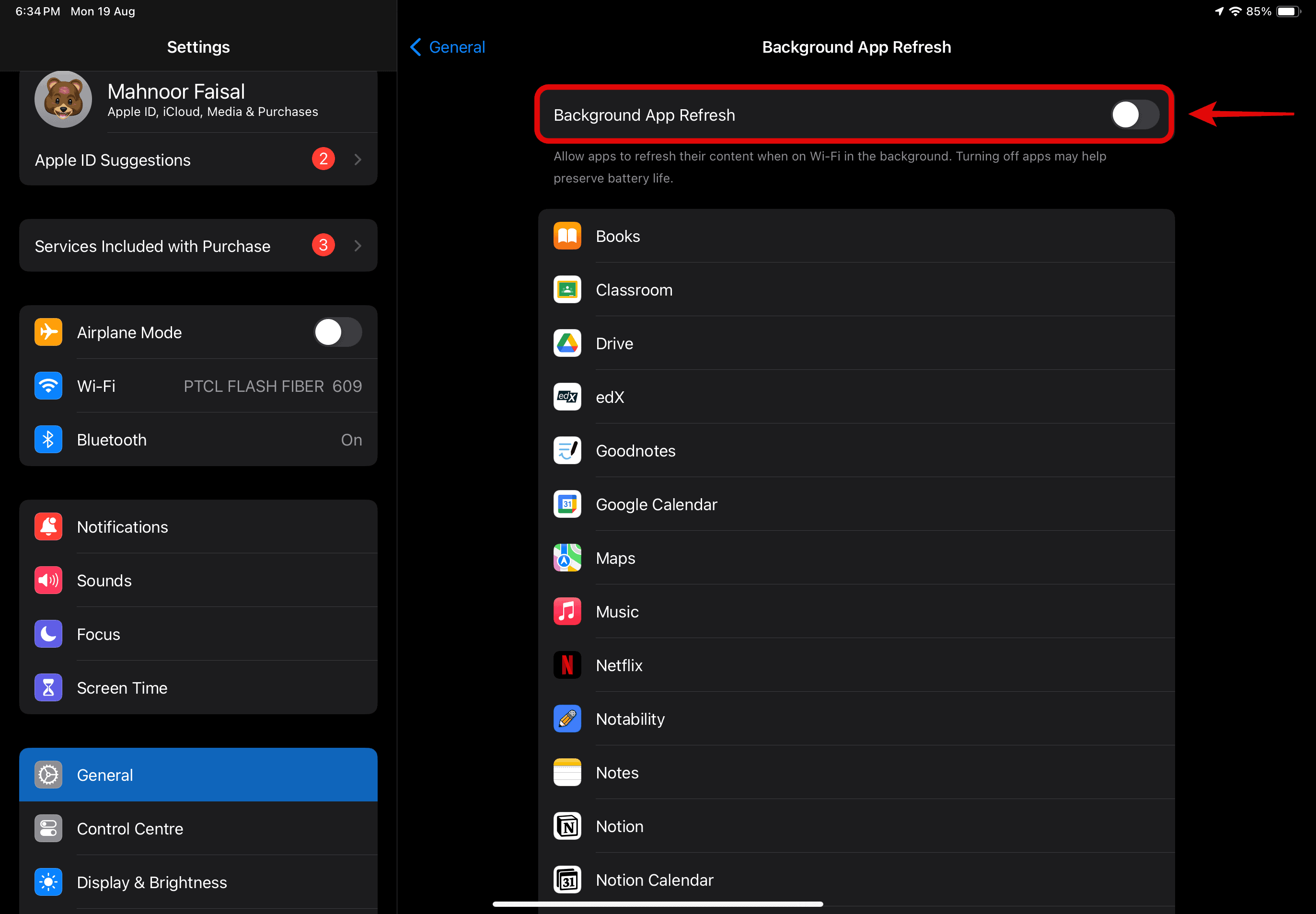 toggle off background app refresh for all apps