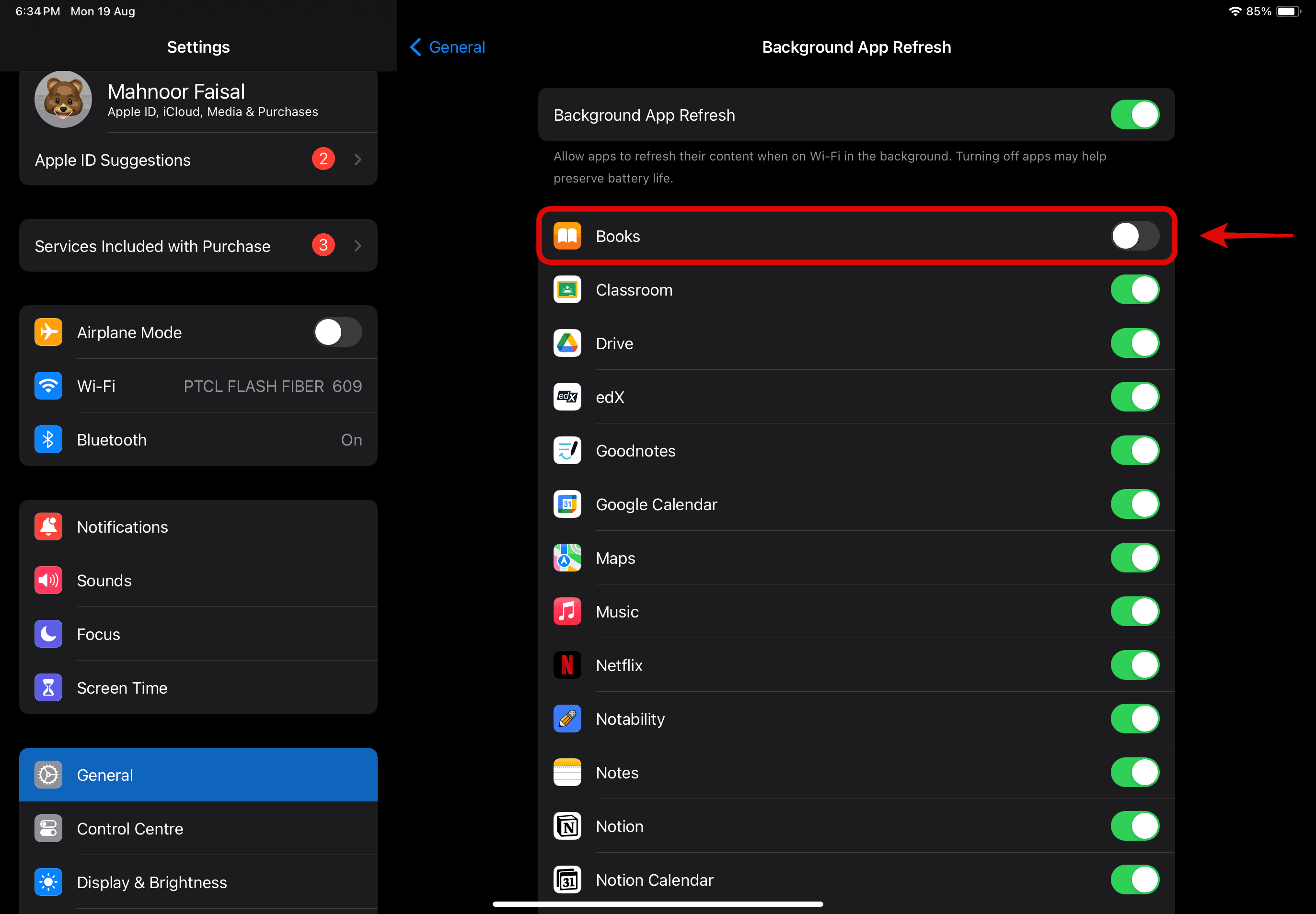 toggle off background app refresh for individual apps