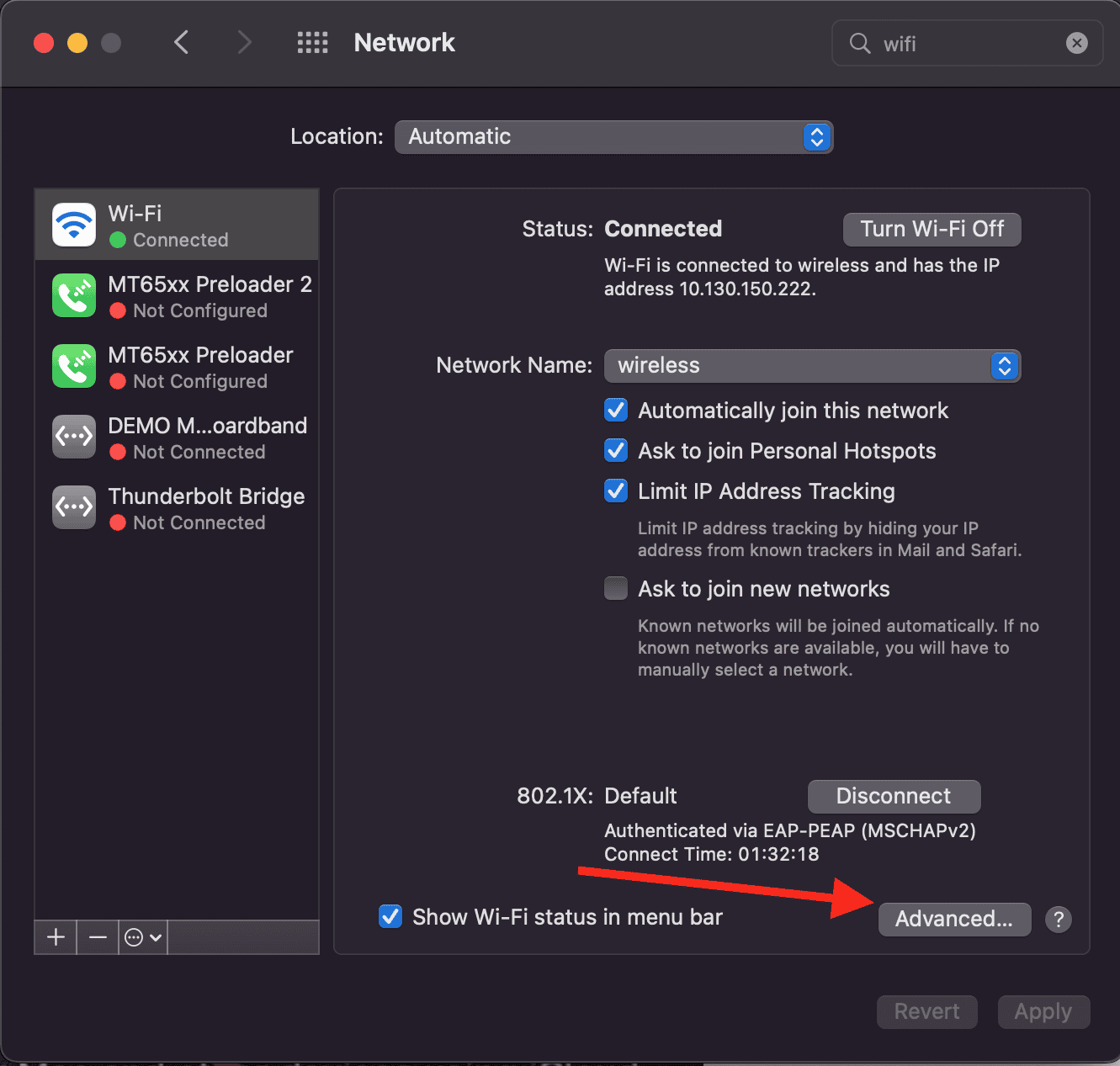 Advanced Wi-Fi setting in Mac