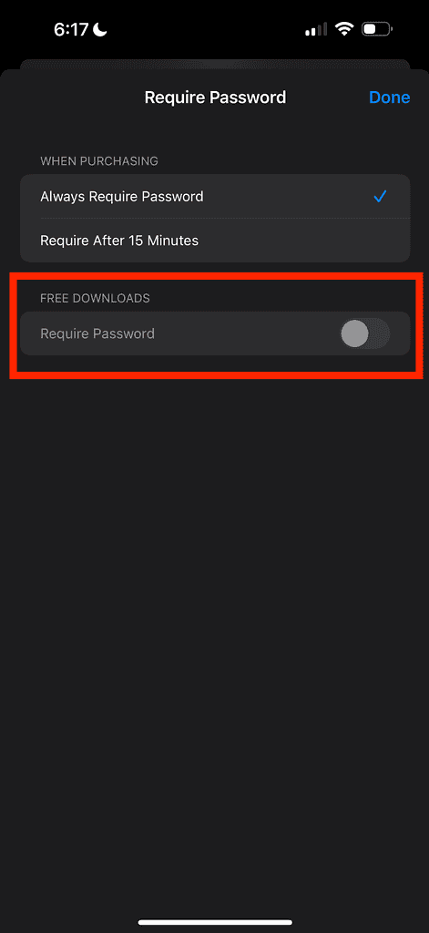 App Store require password setting