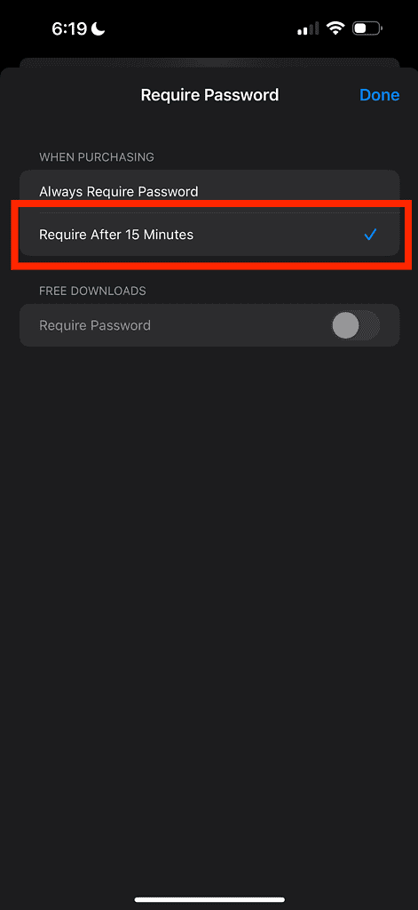 App Stores password require after 15 minutes