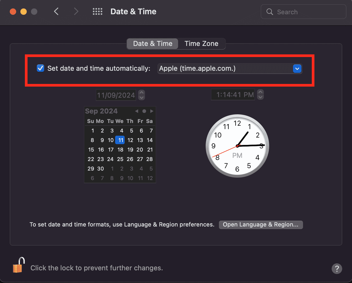 Set date & time automatically setting on Mac