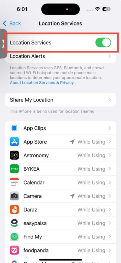 location services toggle