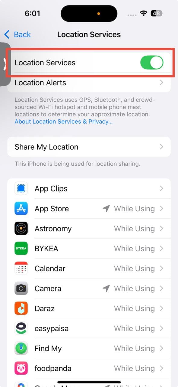 location services toggle