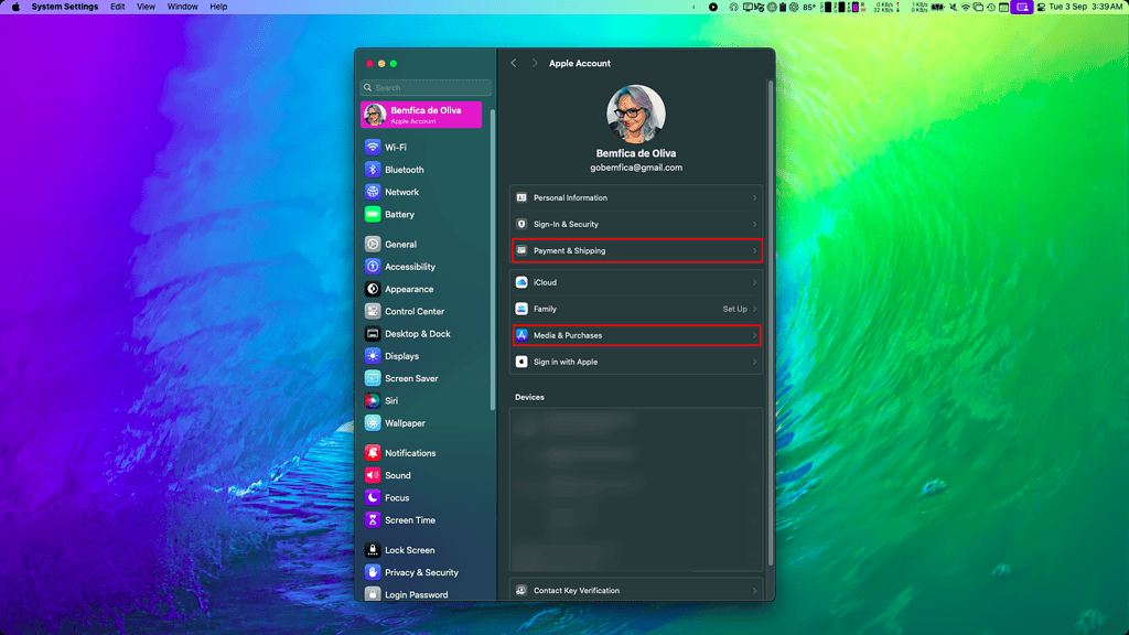 macOS Apple ID Payment and Shipping and Media and Purchases settings