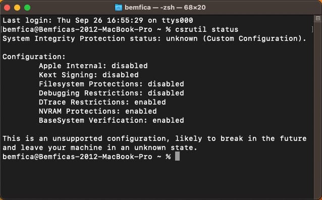 macOS Terminal app showing the csrutil status command