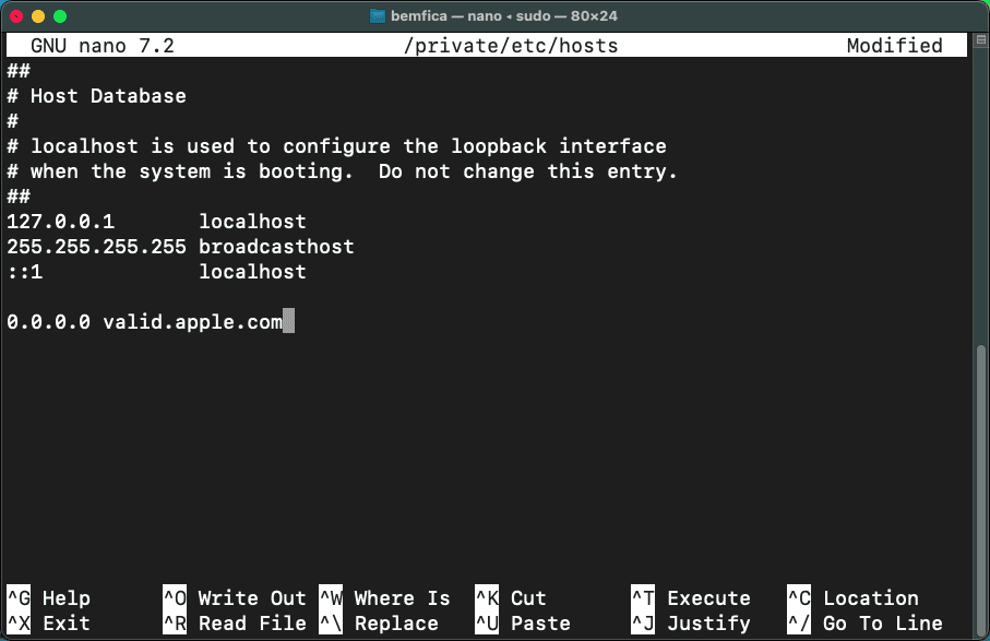 macOS Terminal showing the nano text editor