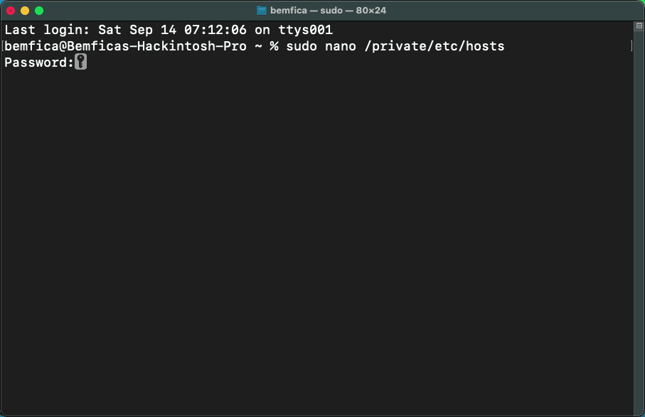 macOS Terminal showing the sudo nano command