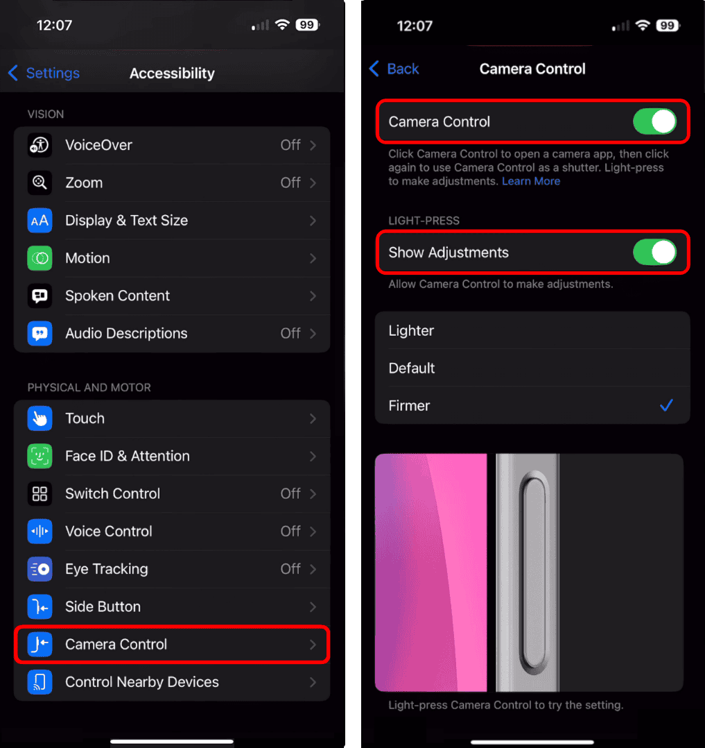 Check Camera Control accessibility Settings