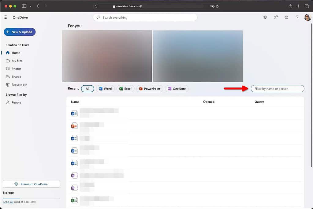 OneDrive Safari Home folder with Filter By Name Or Person selected and files showing