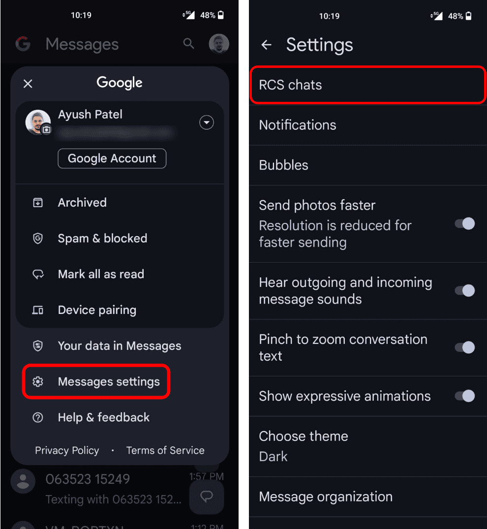 go to Messages Settings and tap RCS Chats