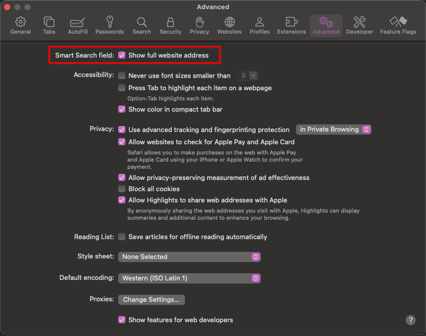 macOS Sequoia Safari Advanced Settings highlighting the Show Full Website Address option