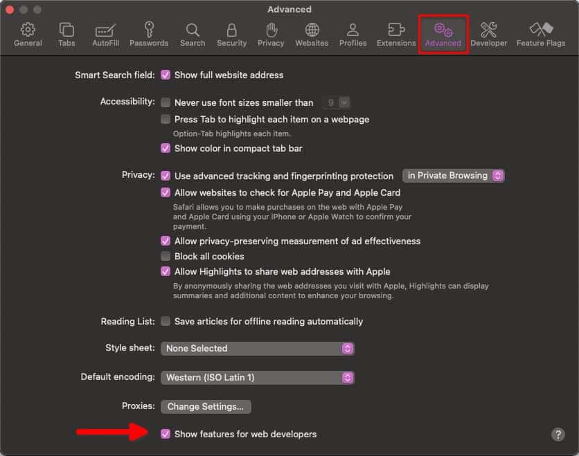 macOS Sequoia Safari Advanced Settings