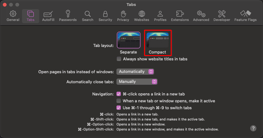 macOS Sequoia Safari Tabs Settings highlighting the Compact tab layout