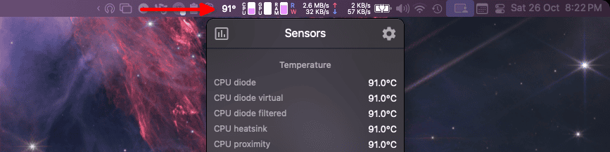 macOS Sequoia with the Stats app showing high temperatures