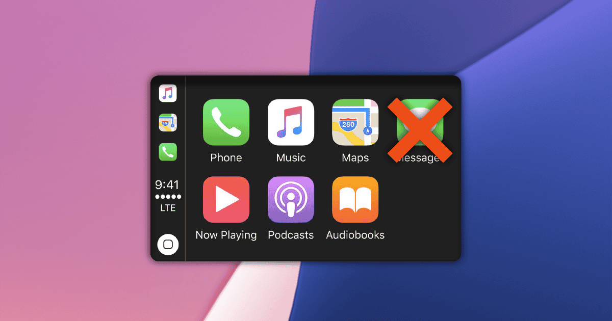 Apple CarPlay home screen with X mark over the Messages app icon