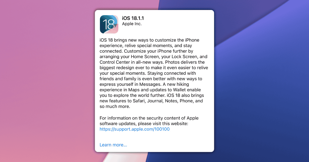 Apple iPhone iOS 18.1.1 update dialog