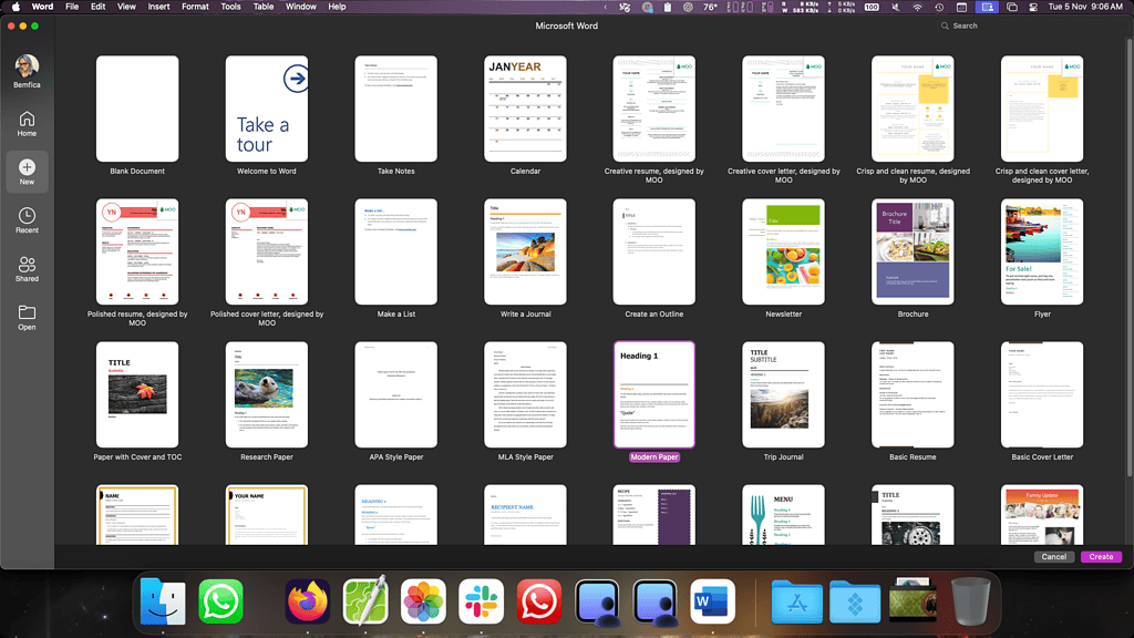 Microsoft Word macOS New File screen