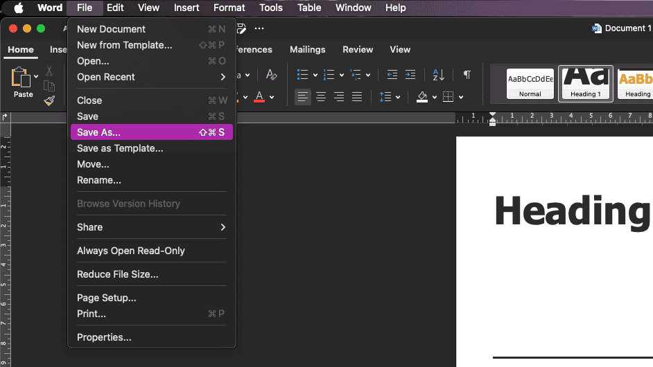 Microsoft Word macOS Save As menu bar