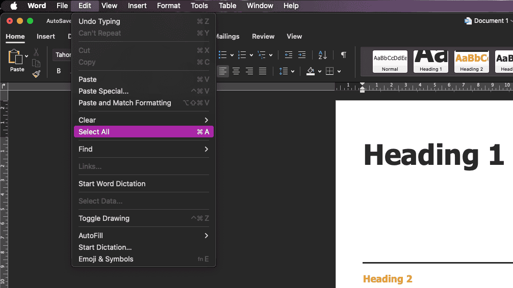 Microsoft Word macOS Select All menu bar