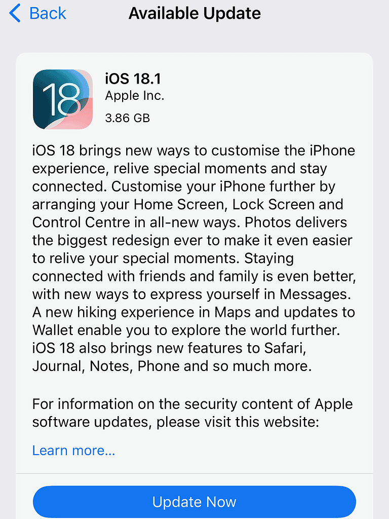 iOS 18.1 update dialog