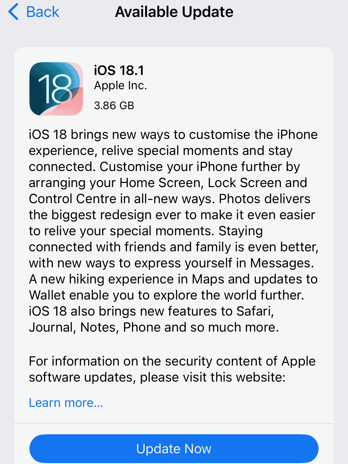 iOS 18.1 update dialog