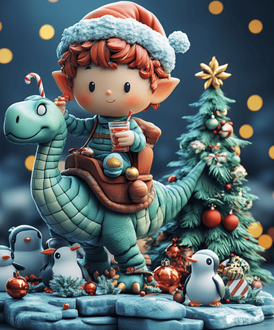 A Christmas Elf Riding a Dinosaur