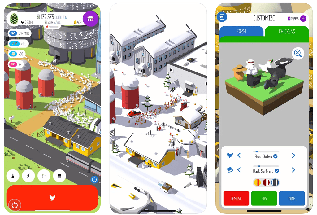 Screenshots depicting gameplay of Egg, Inc iOS idle game 