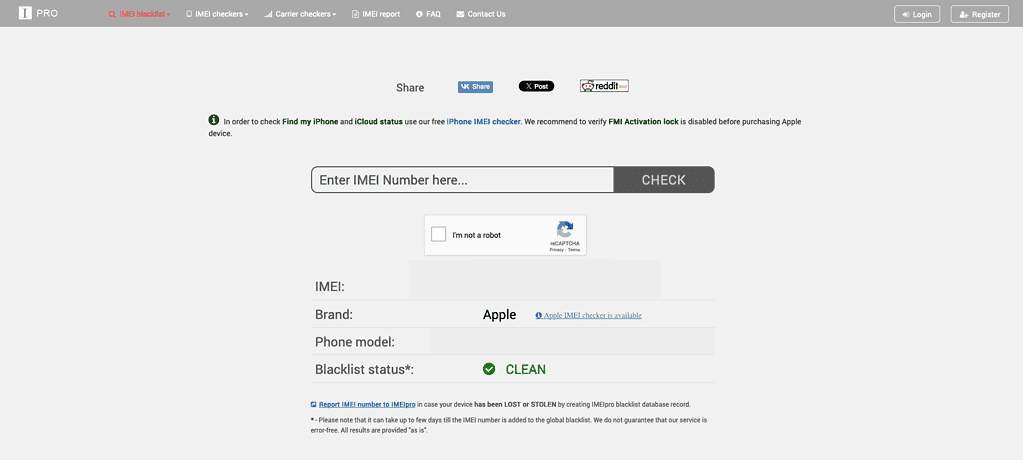 IMEI blacklist check website