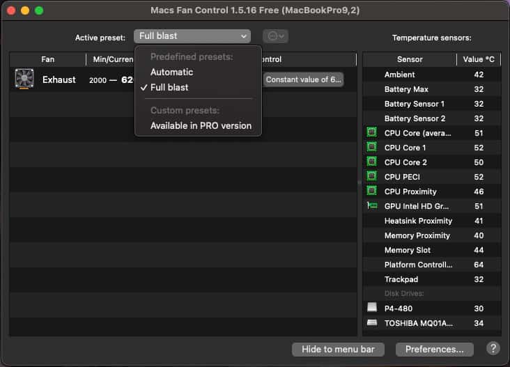 Macs Fan Control drop-down menu