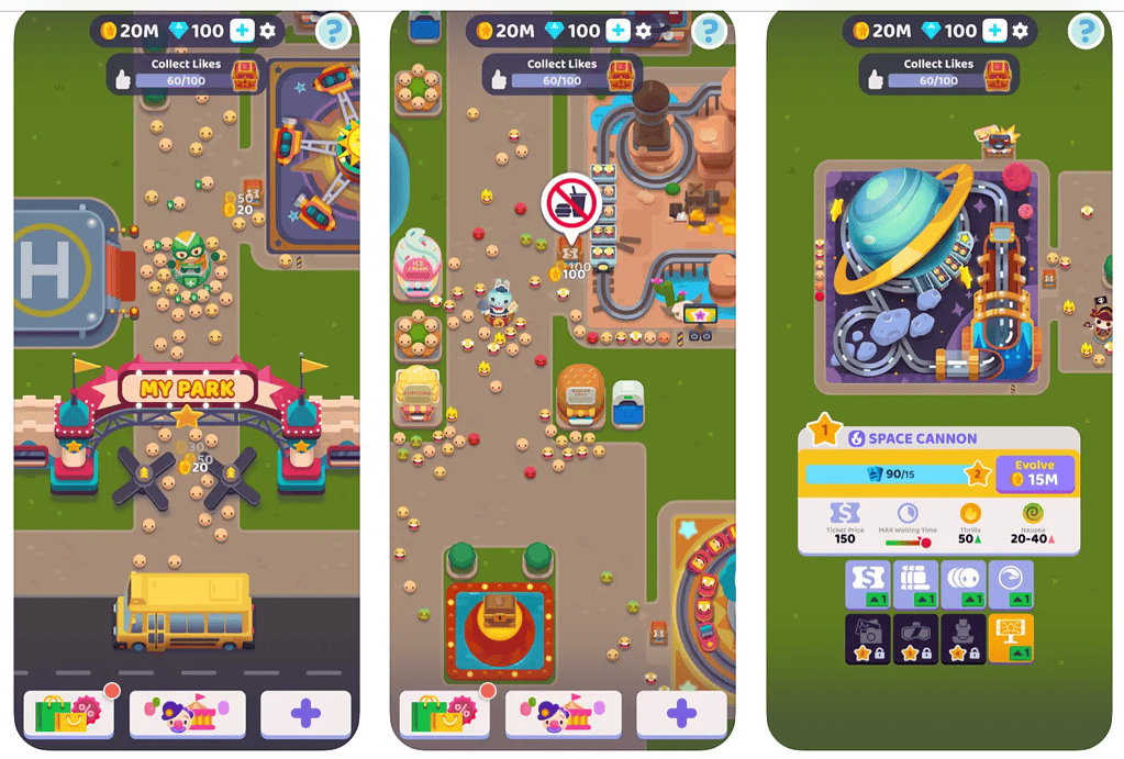 Screenshots showing gameplay of Overcrowded Tycoon iOS idle game