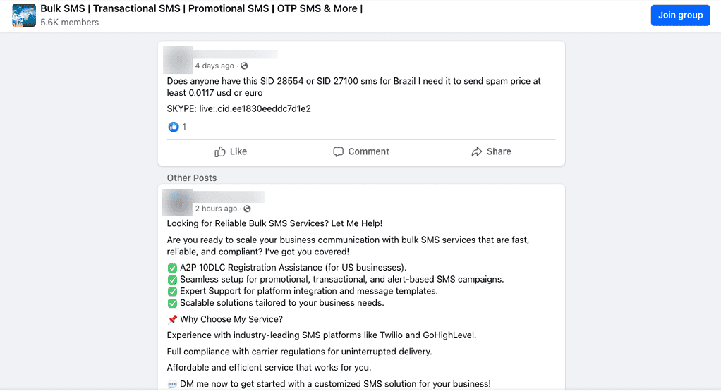 Screenshot of a Facebook group dedicated to buying and selling SMS spam services