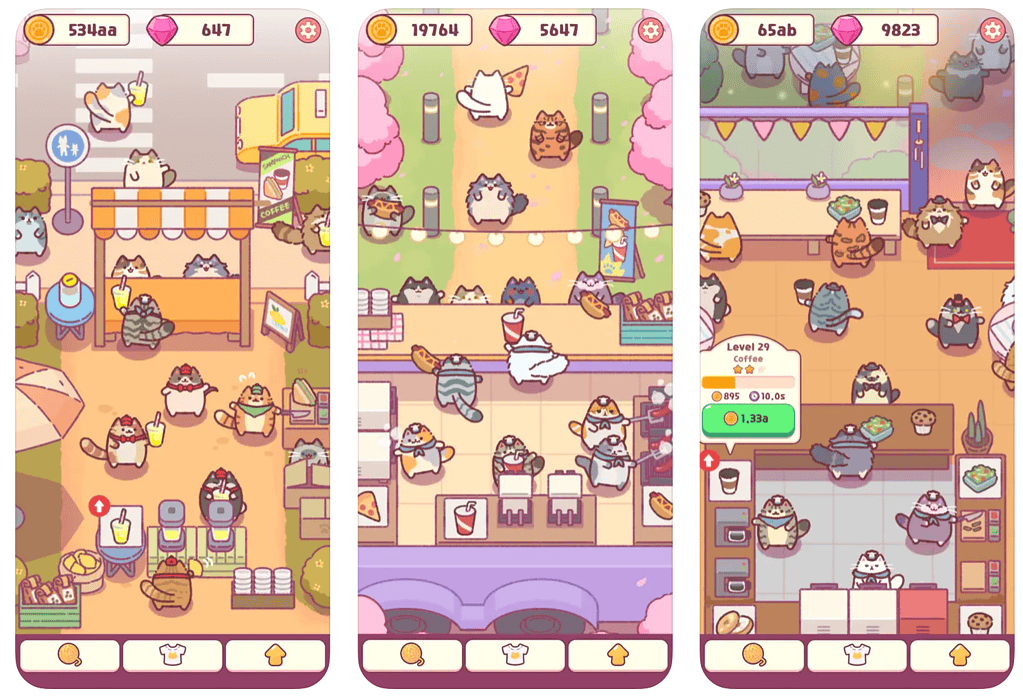 Screenshots of gameplay from iOS idle game Cat Snack Bar 