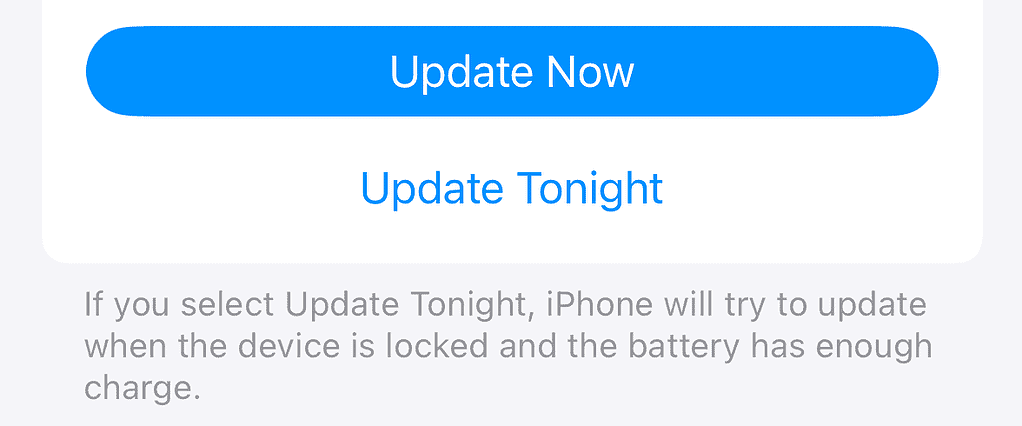 iOS update buttons displaying update now or tonight options, alongside with details about the latter