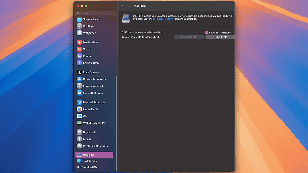 macOS Sequoia System Settings showing the macFUSE pane