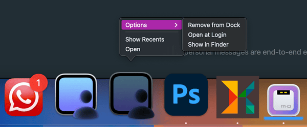 macOS dock context menu with the remove from dock option highlighted