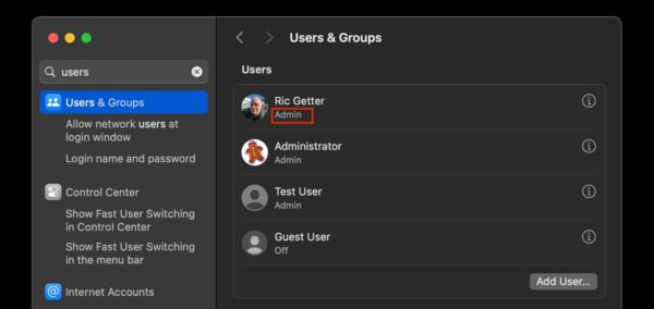 Admin user in Users & Groups