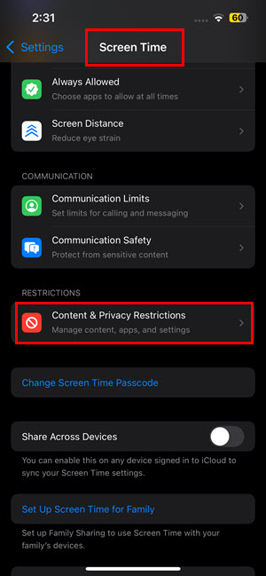 Content & Privacy Restrictions