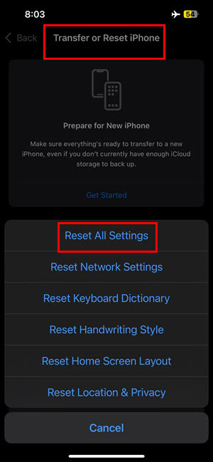 Reset All Settings