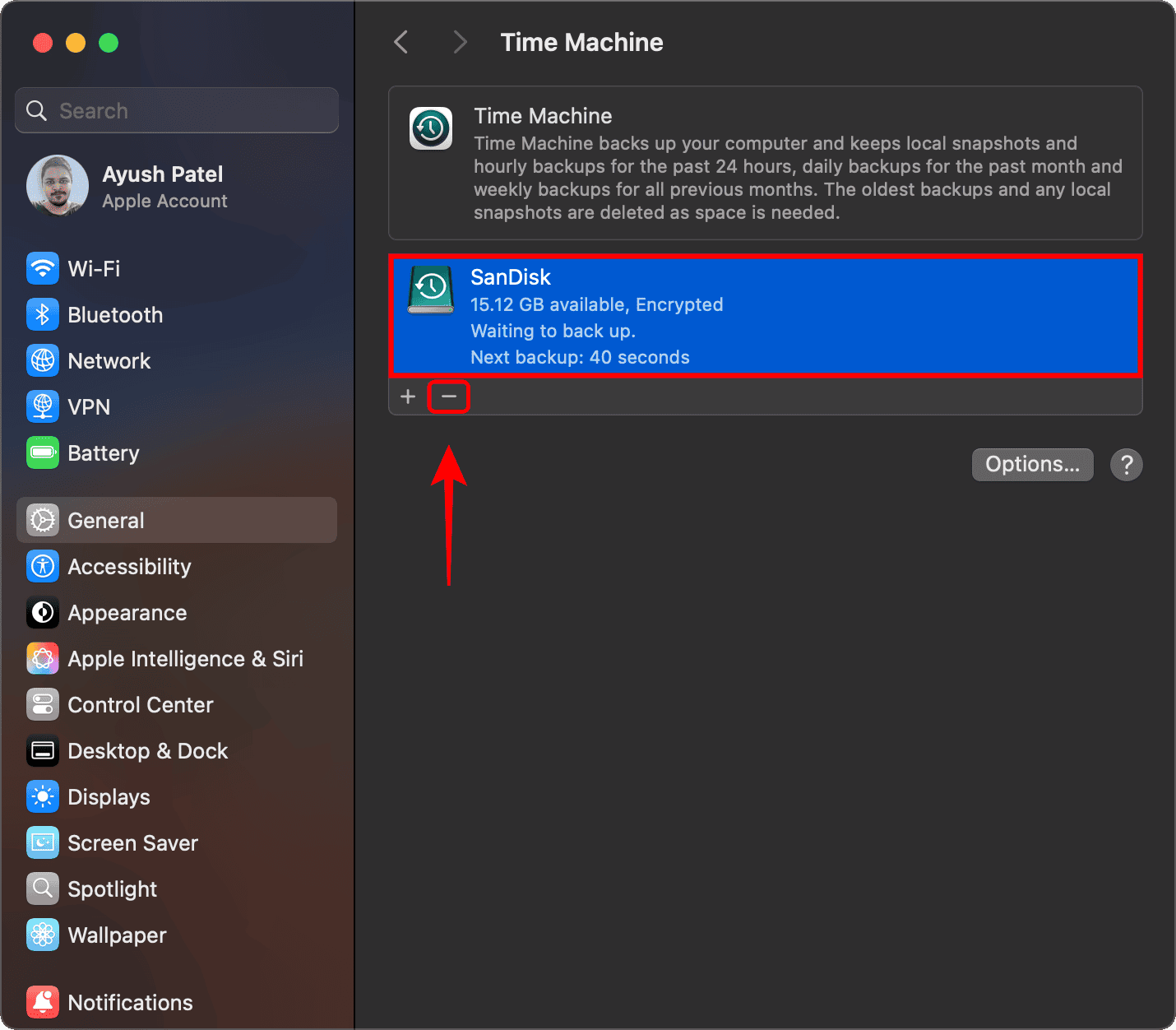 Select-the-backup-and-click-minus icon