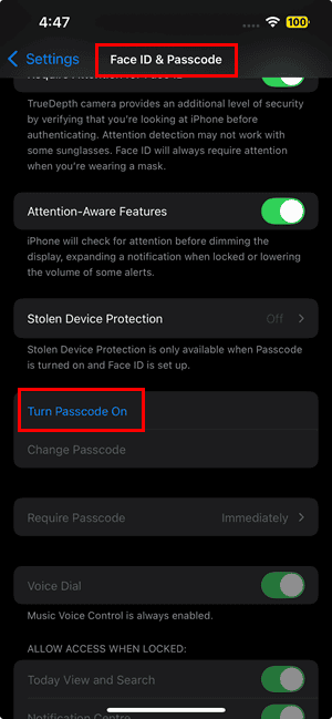 Turn Passcode On