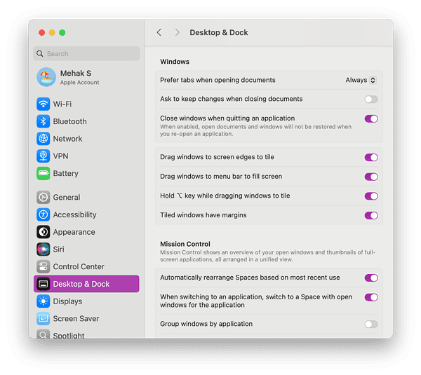 Screenshot of window tiling settings in macOS Sequoia