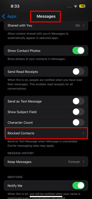 messages blocked contacts