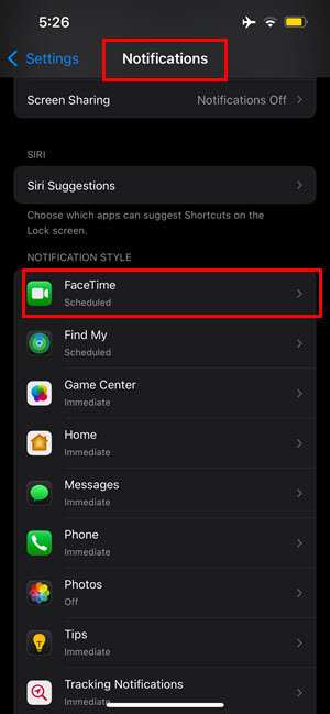 notifications facetime