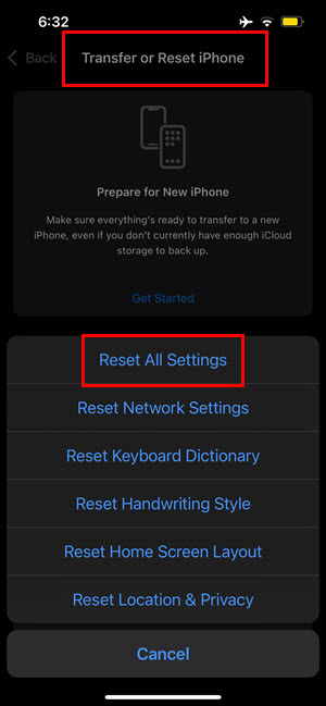 reset all settings